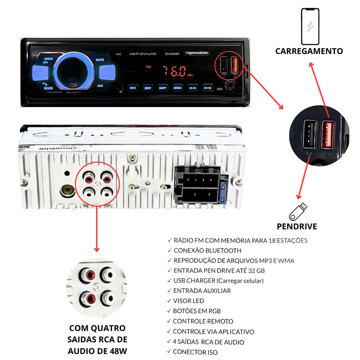 Radio Automotivo Bluetooth Potente Com 7 Led Pendrive Premium