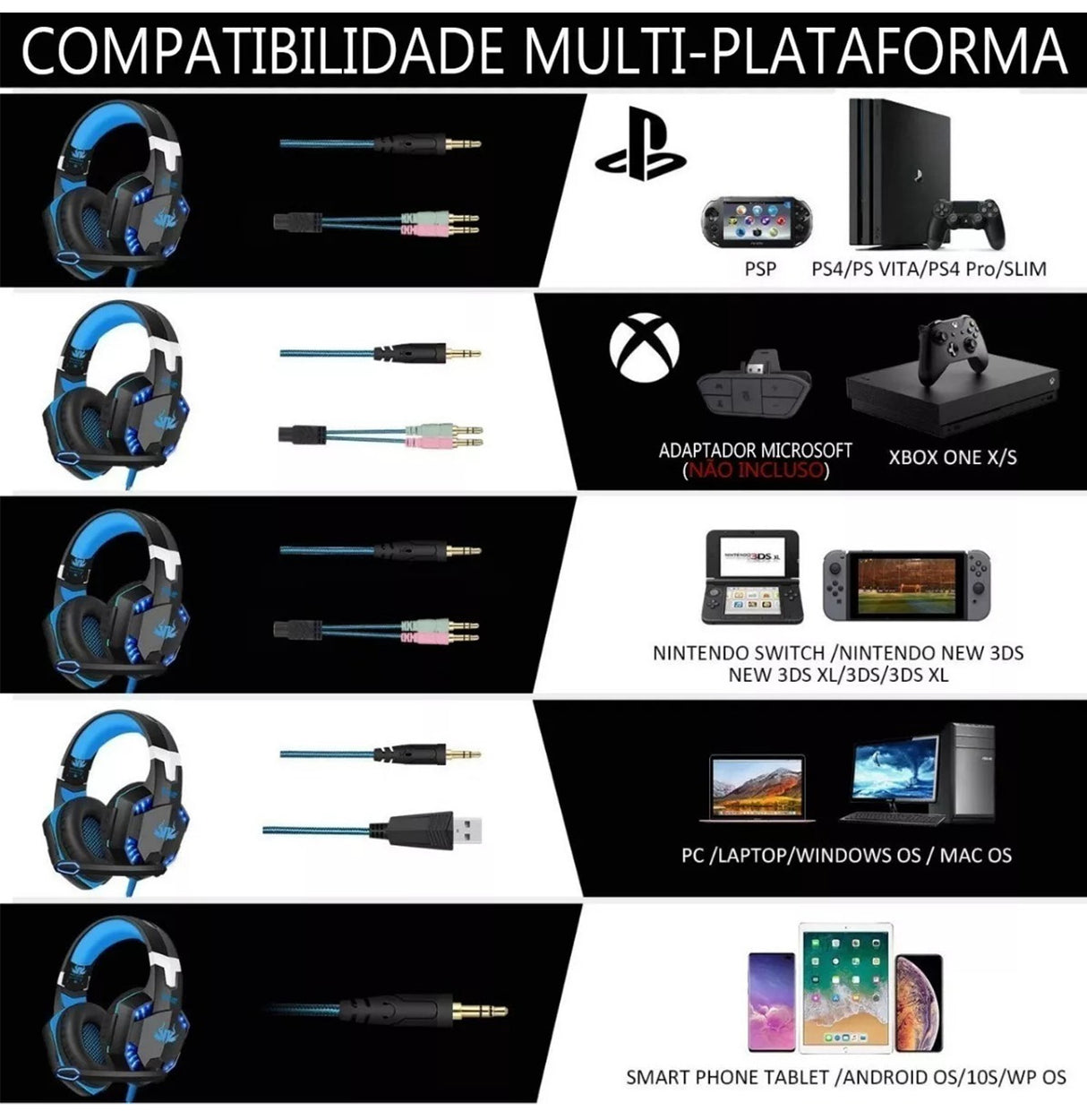 Fone Ouvido Gamer Headset Led Compatível Pc Ps5 Xbox Celular