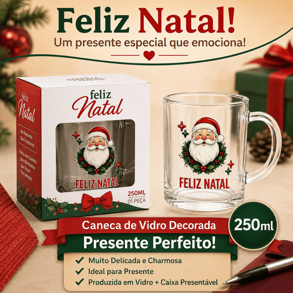 10 Caneca Feliz Natal Vidro Com Caixa Presente Revenda Premium