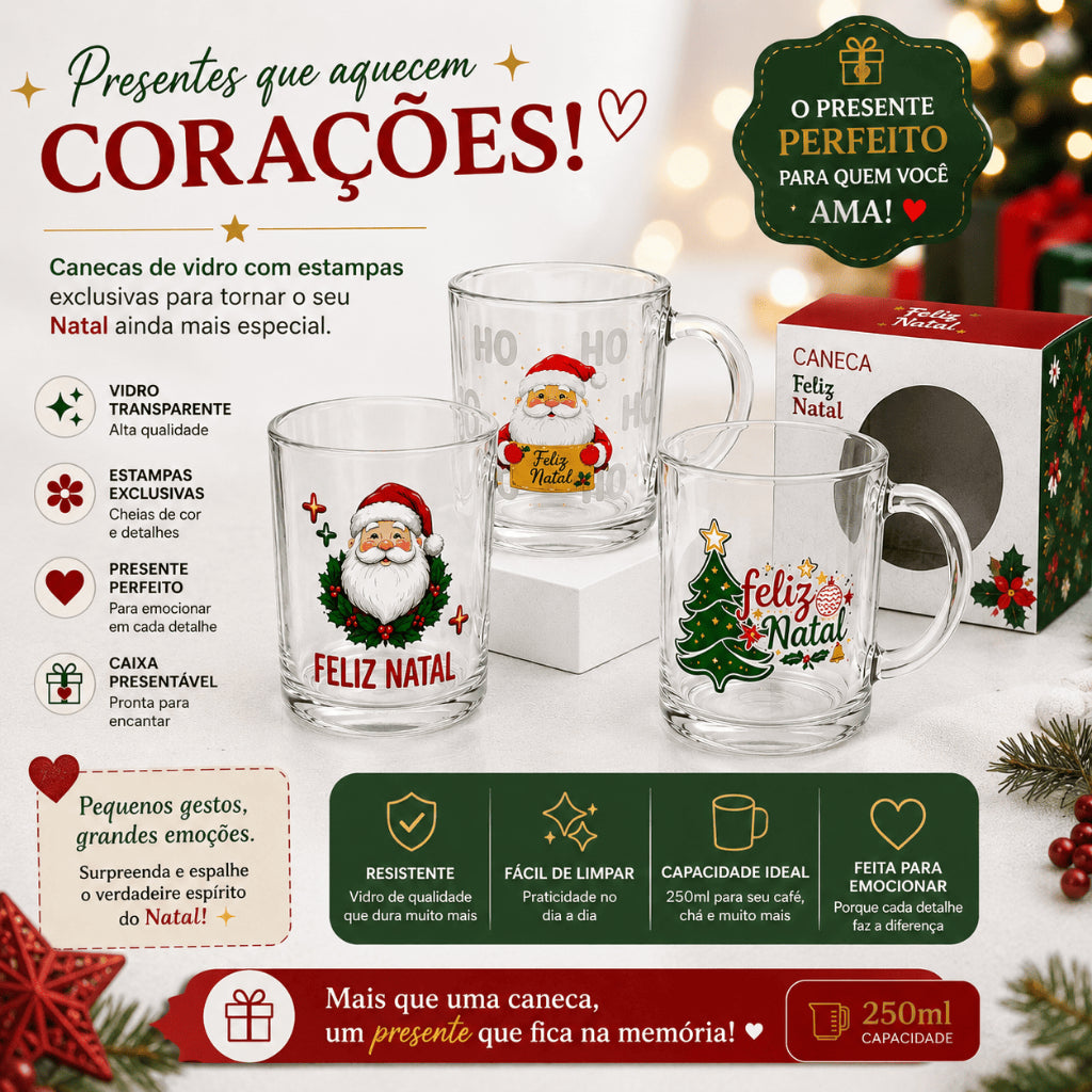 10 Caneca Feliz Natal Vidro Com Caixa Presente Revenda Premium