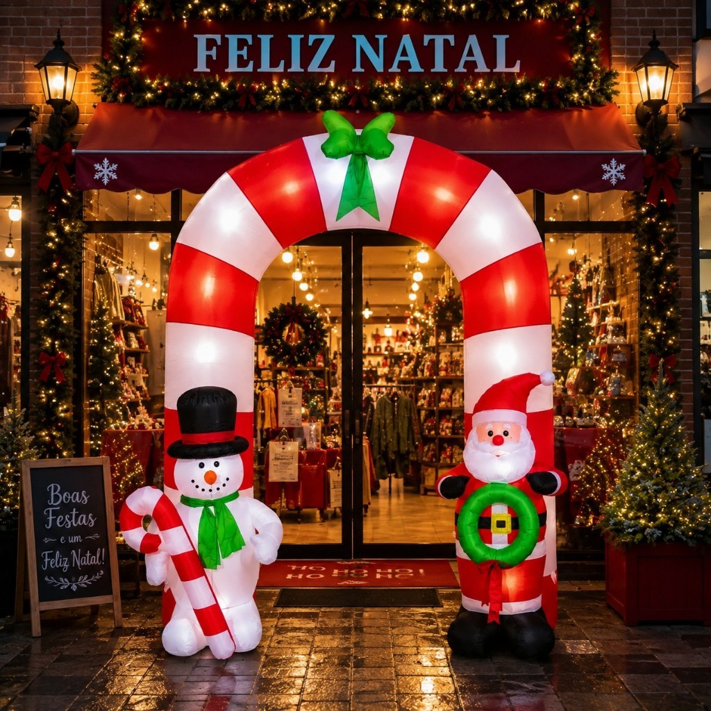 Arco Inflável de Natal 2,50m Papai Noel Boneco de Neve 21 LEDs Decoração Natalina Gigante Premium