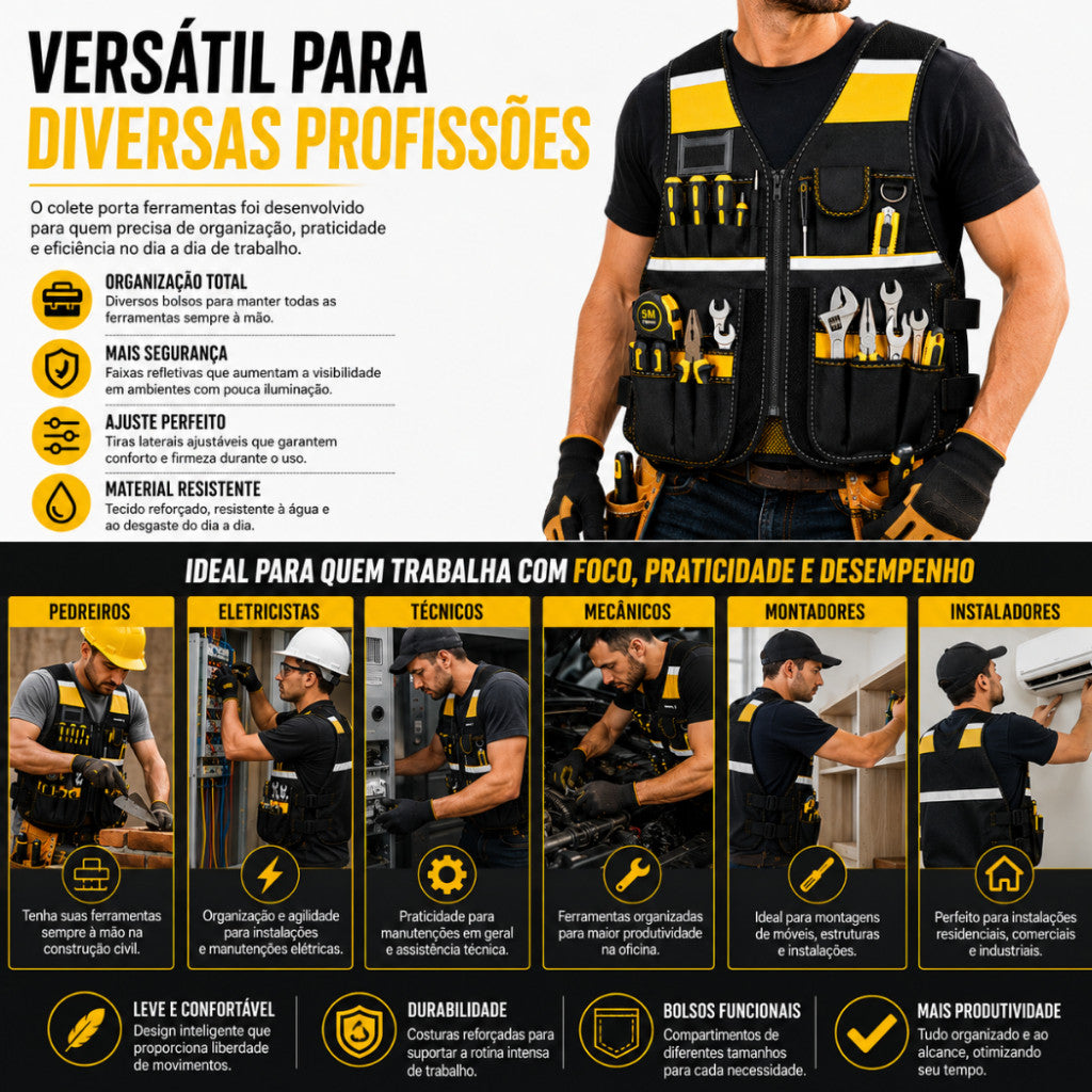 Colete Eletricista Pedreiro Porta Ferramentas Multifuncional Profissional Ajustável Premium