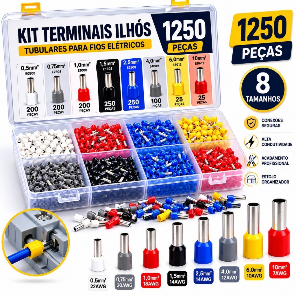 Kit 1250 Terminais Ilhós Tubular Para Fios Elétricos Cobre Com Estojo