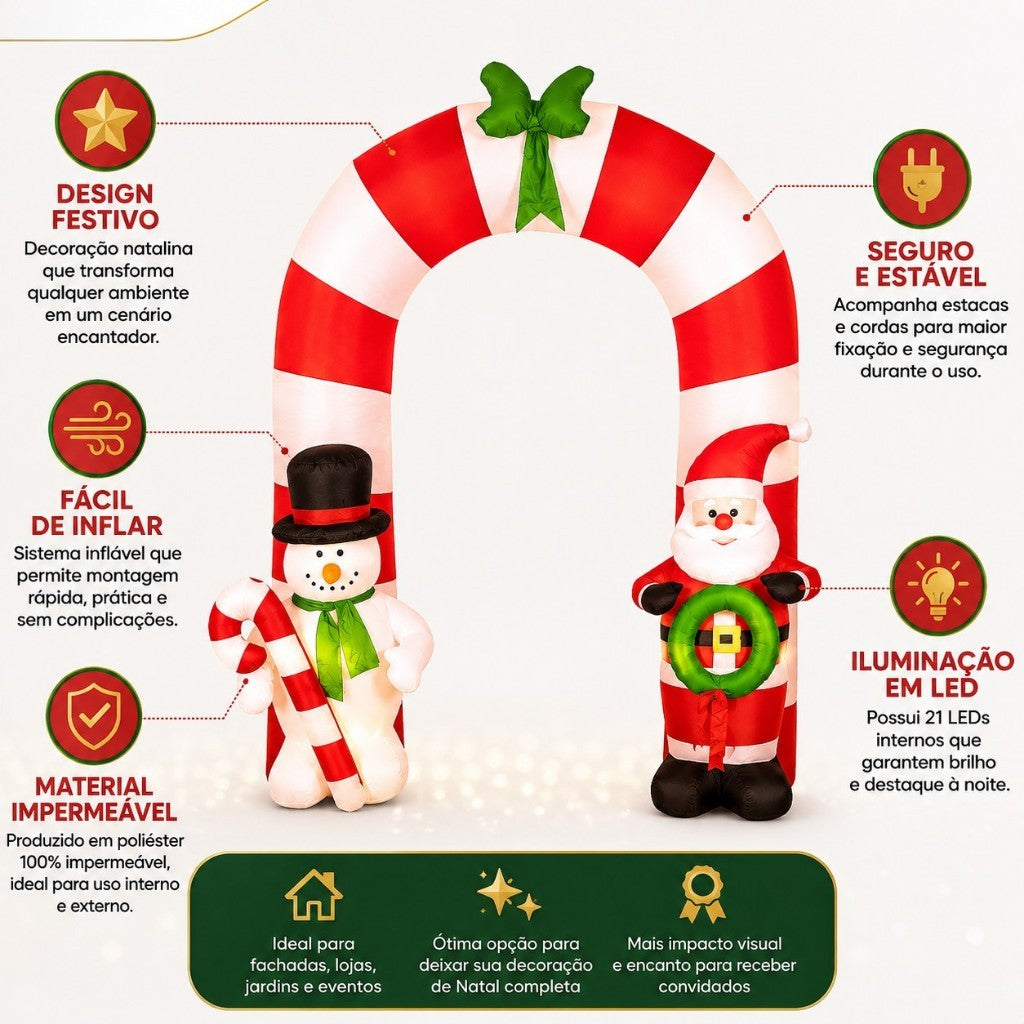 Arco Inflável de Natal 2,50m Papai Noel Boneco de Neve 21 LEDs Decoração Natalina Gigante Premium