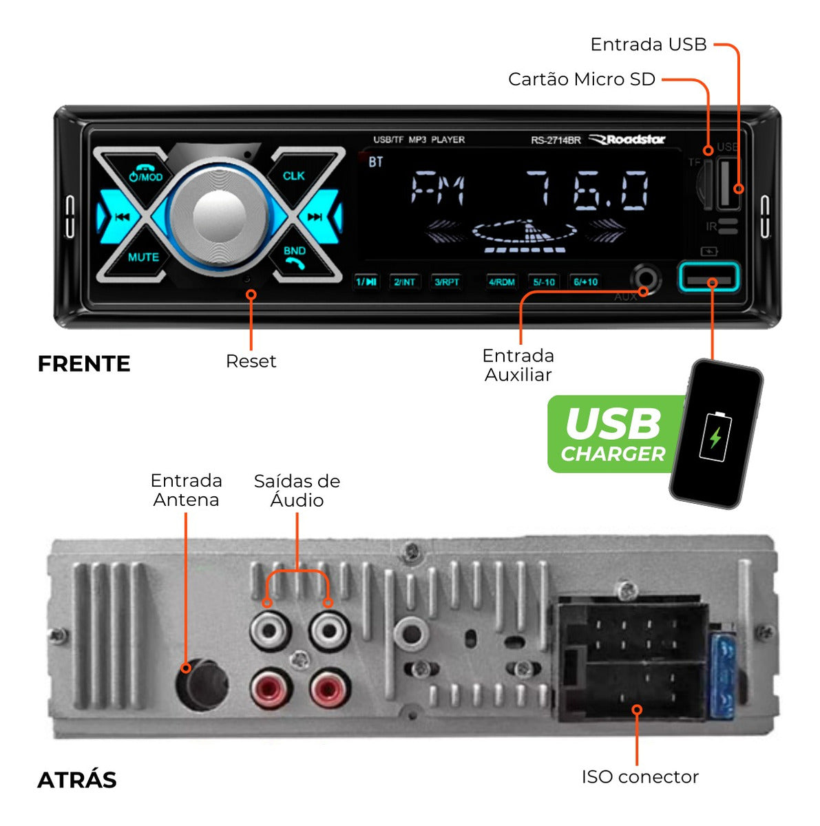 Rádio Mp3 Roadstar Bluetooth Potente 2 Usb Carrega Celular