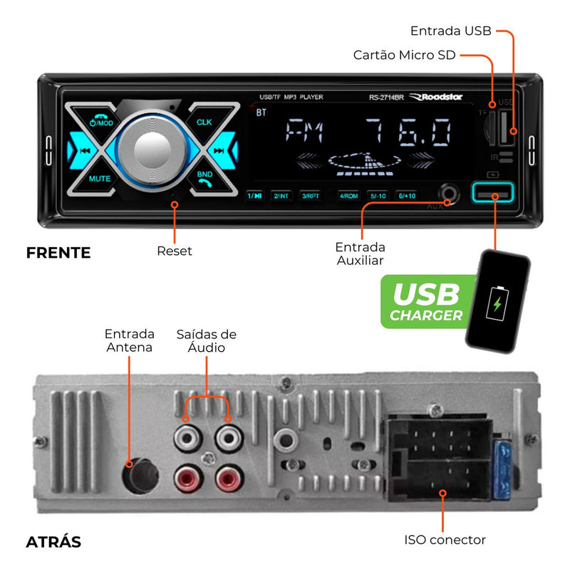Rádio Mp3 Roadstar Bluetooth Potente 2 Usb Carrega Celular