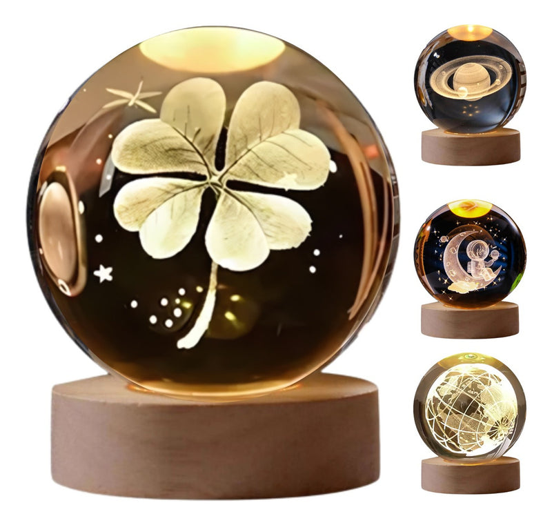 Luminária Mesa Bola Cristal 3d Base Madeira Decorativa Com Botao Off