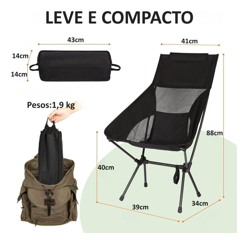 Cadeira Dobrável Pesca Camping Praia Encosto Até 140kg Com Bolsa