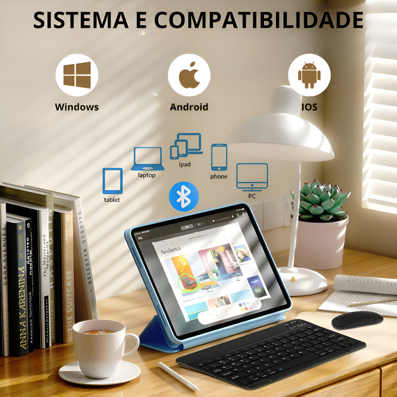 Teclado Mouse Sem Fio Bluetooth Slim Tablet Notebook Premium