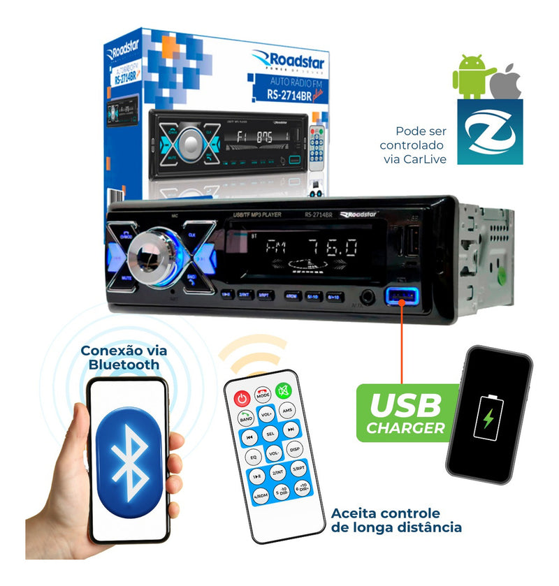 Rádio Mp3 Roadstar Bluetooth Potente 2 Usb Carrega Celular