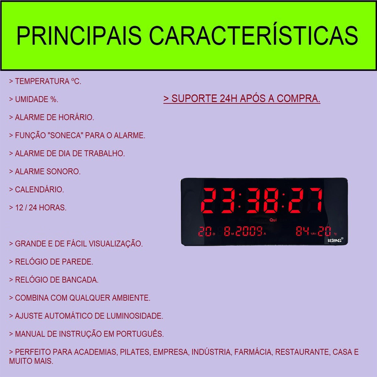 Relogio De Parede Led Grande Empresa Academia Igreja Recepção