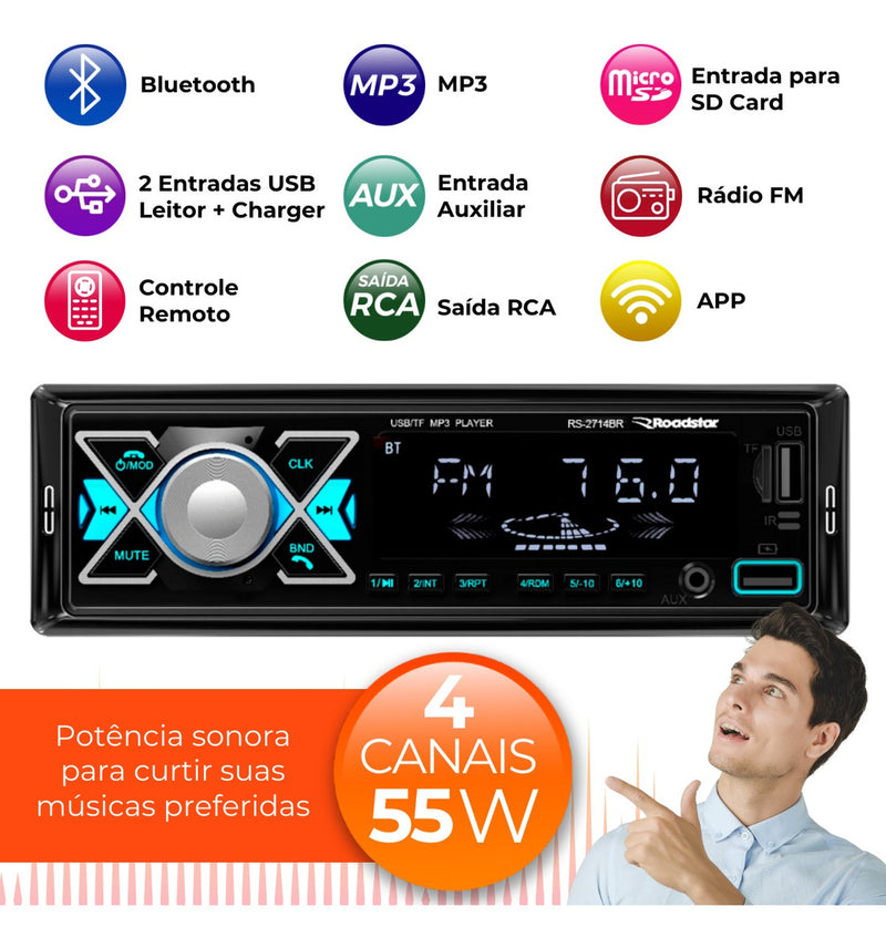 Rádio Mp3 Roadstar Bluetooth Potente 2 Usb Carrega Celular
