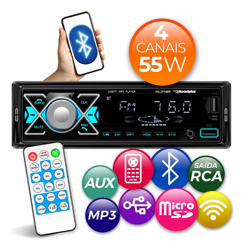Rádio Mp3 Roadstar Bluetooth Potente 2 Usb Carrega Celular
