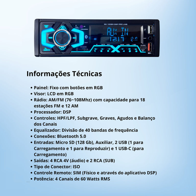 Radio Automotivo Bluetooth Dsp Mp3 Comando Volante Premium