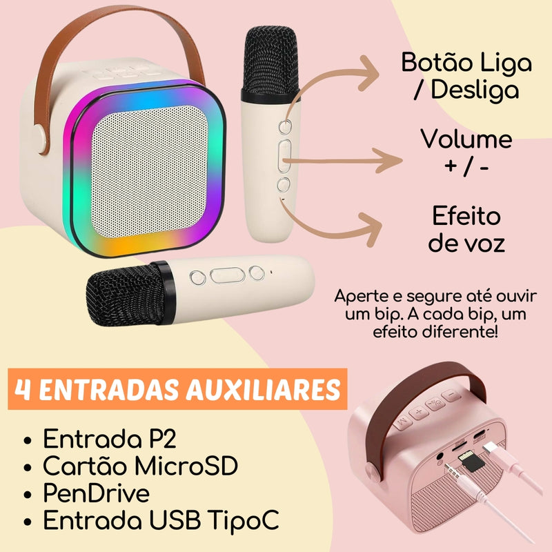Caixa Som Karaokê Bluetooth Infantil 2 Microfone Led Premium