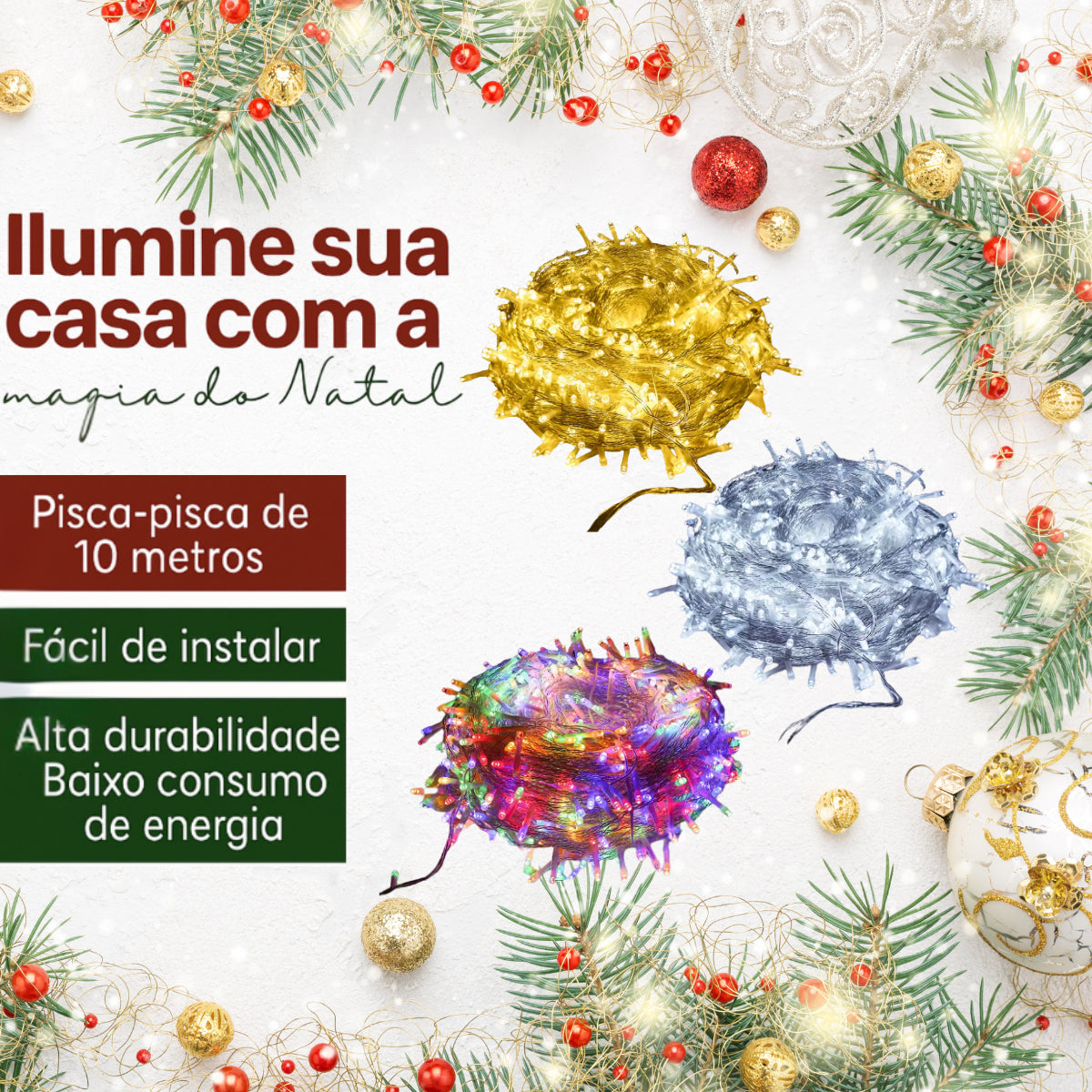 10 Pisca Pisca Natal 10m 100 Led Fixo Colorido Macho Femea - Fio Transparente