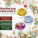 10 Pisca Pisca Natal 10m 100 Led Fixo Colorido Macho Femea - Fio Transparente