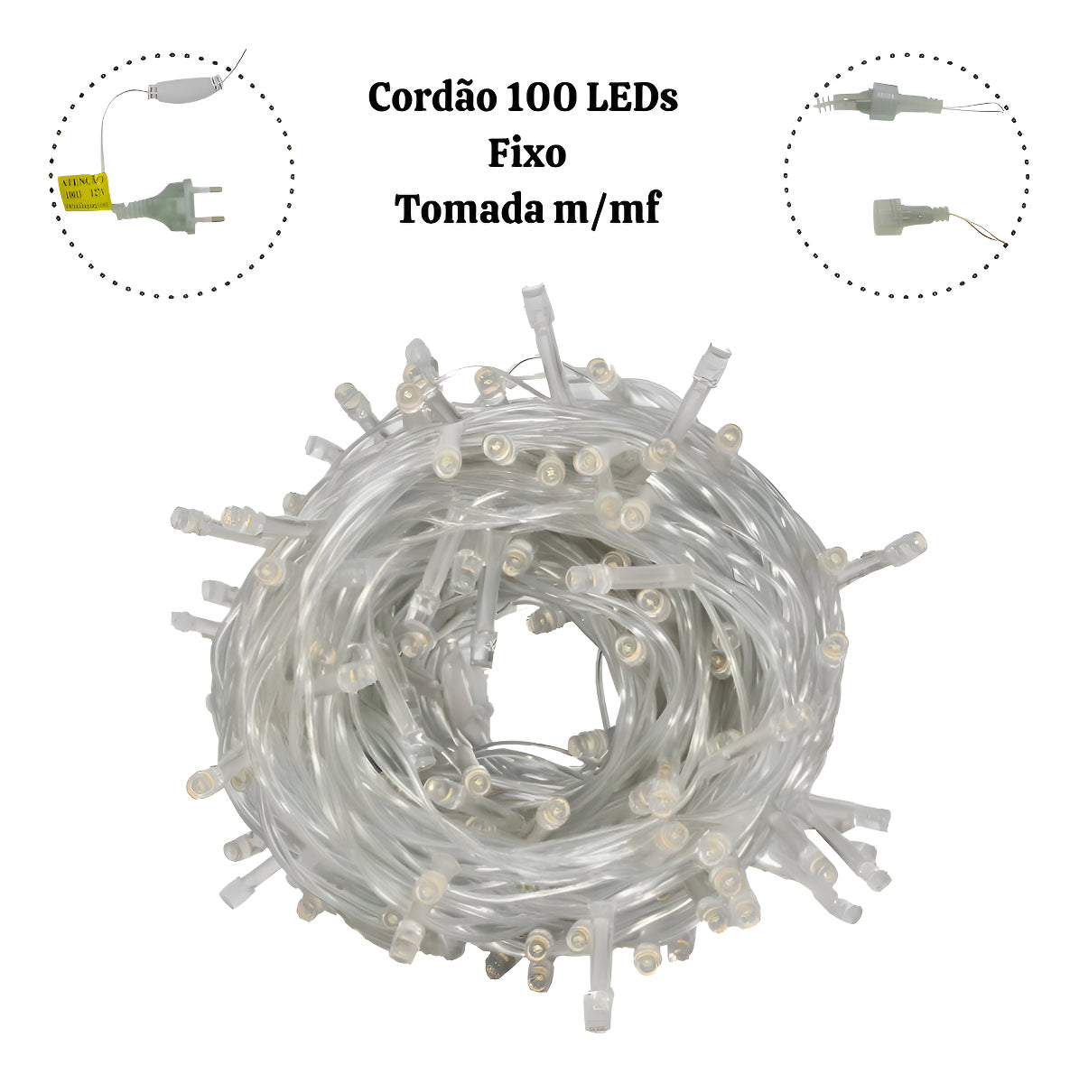 10 Pisca Pisca Natal 10m 100 Led Fixo Colorido Macho Femea - Fio Transparente