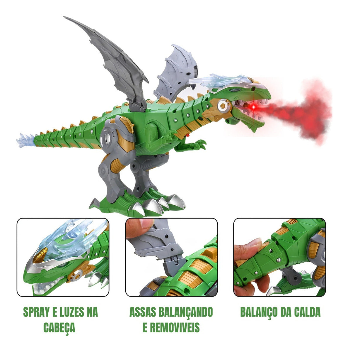Dragão Robo Brinquedo Dinossauro Anda Bate Asas Solta Fumaça