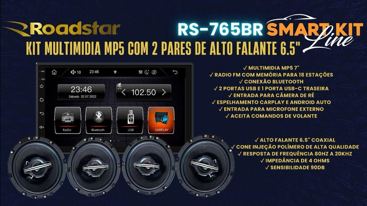 Multimidia 7 Pol Bluetooth Carplay + 4 Alto Falante Premium