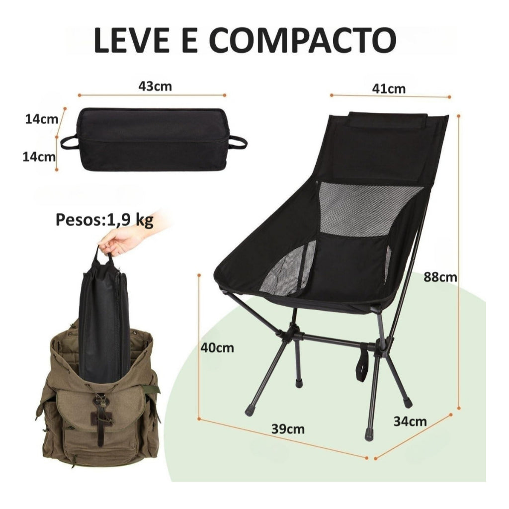 Cadeira Camping Dobrável Portátil Encosto Reforçada 140kg Com Bolsa