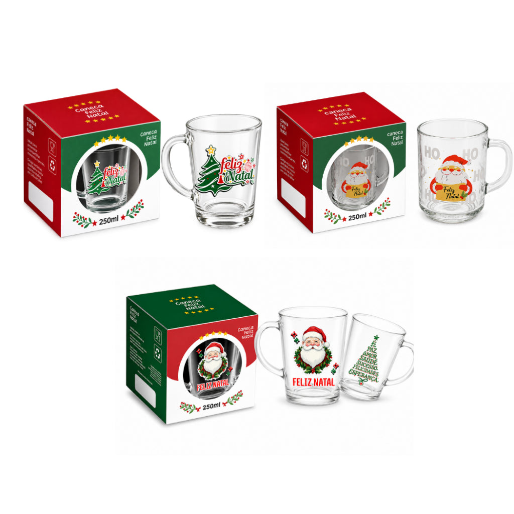 10 Caneca Feliz Natal Vidro Com Caixa Presente Revenda Premium