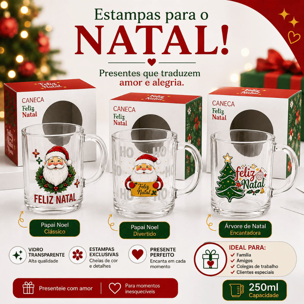 10 Caneca Feliz Natal Vidro Com Caixa Presente Revenda Premium