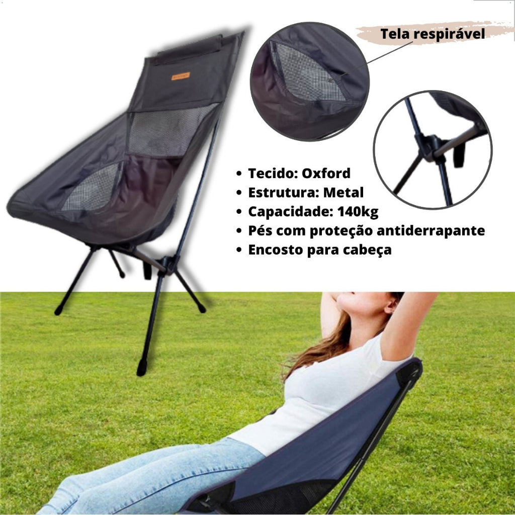 Cadeira Camping Dobrável Portátil Encosto Reforçada 140kg Com Bolsa
