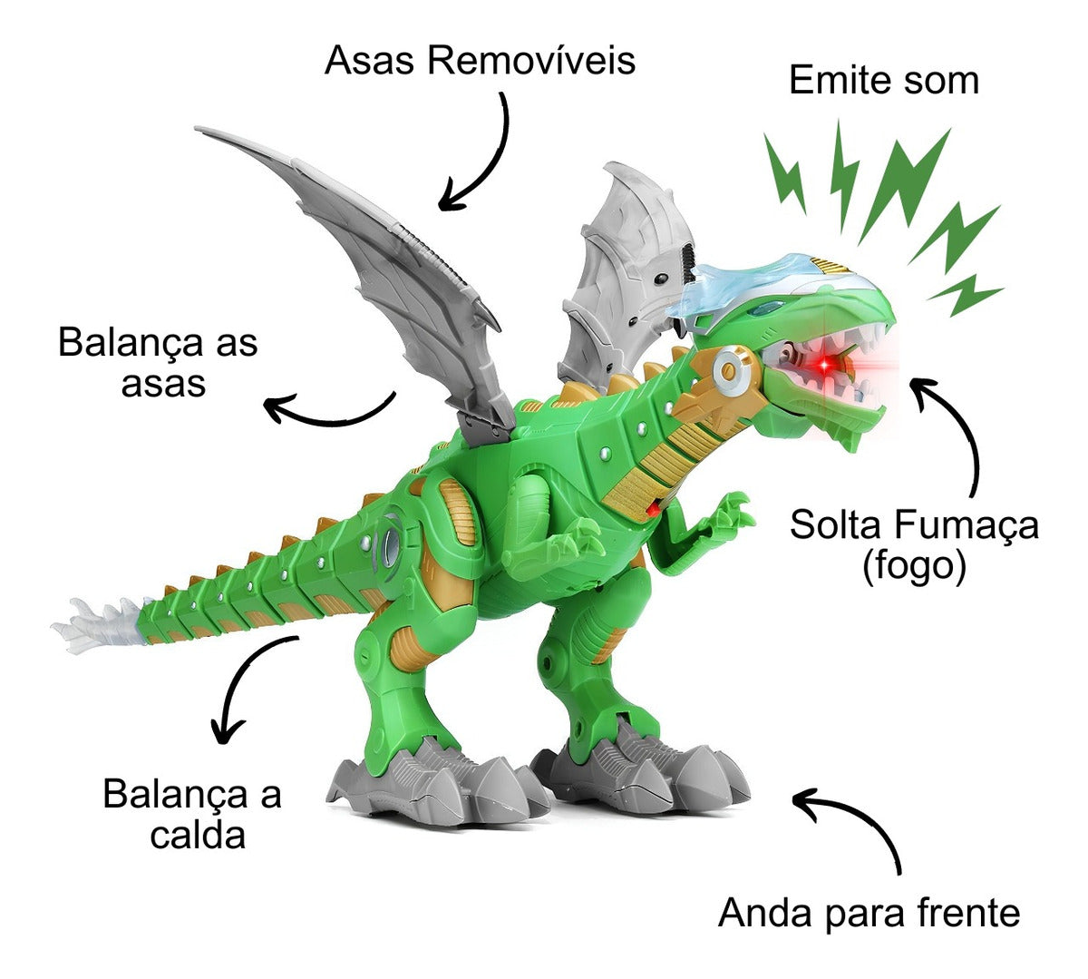 Dragão Robo Brinquedo Dinossauro Anda Bate Asas Solta Fumaça