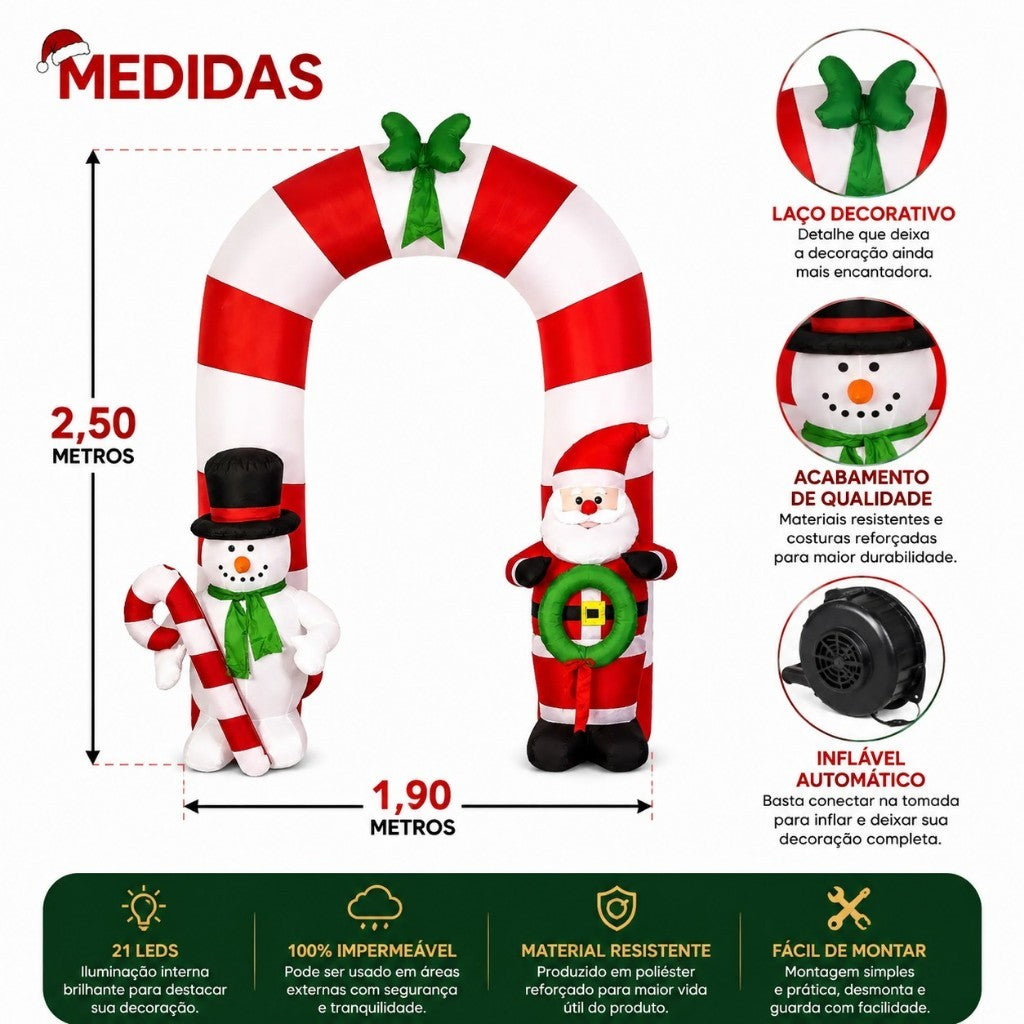 Arco Inflável de Natal 2,50m Papai Noel Boneco de Neve 21 LEDs Decoração Natalina Gigante Premium