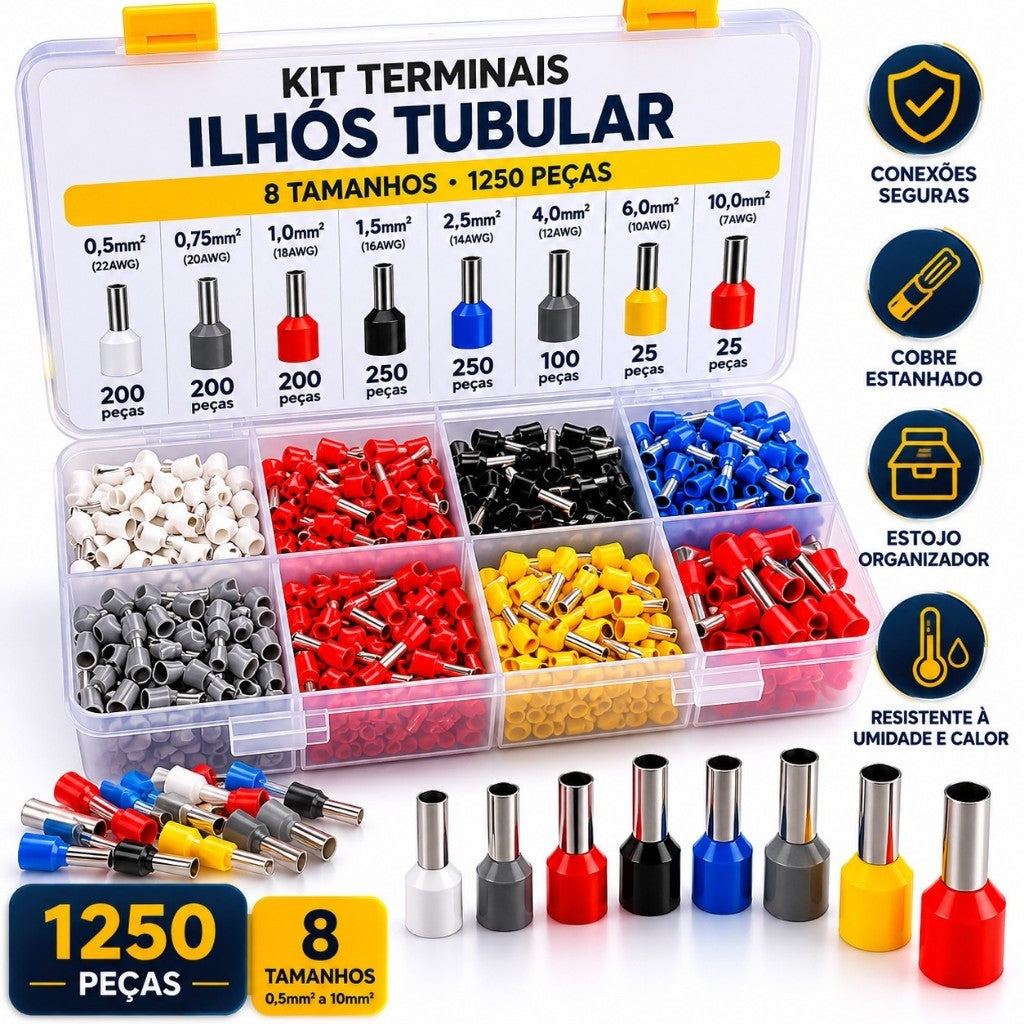 Kit 1250 Terminais Ilhós Tubular Para Fios Elétricos Cobre Com Estojo