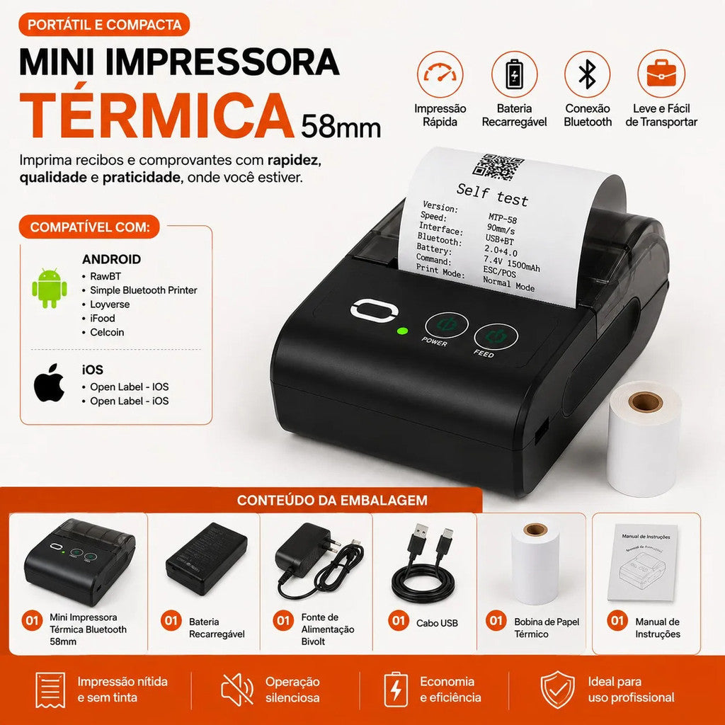 Impressora Portátil Térmica 58mm Bluetooth Recibos Androd Ios Premium