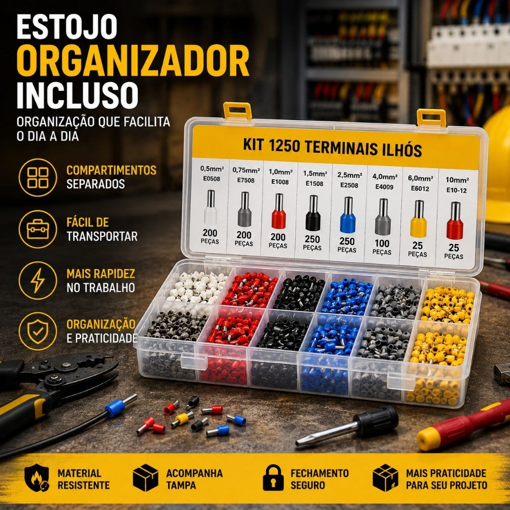 Kit 1250 Terminais Ilhós Tubular Para Fios Elétricos Cobre Com Estojo