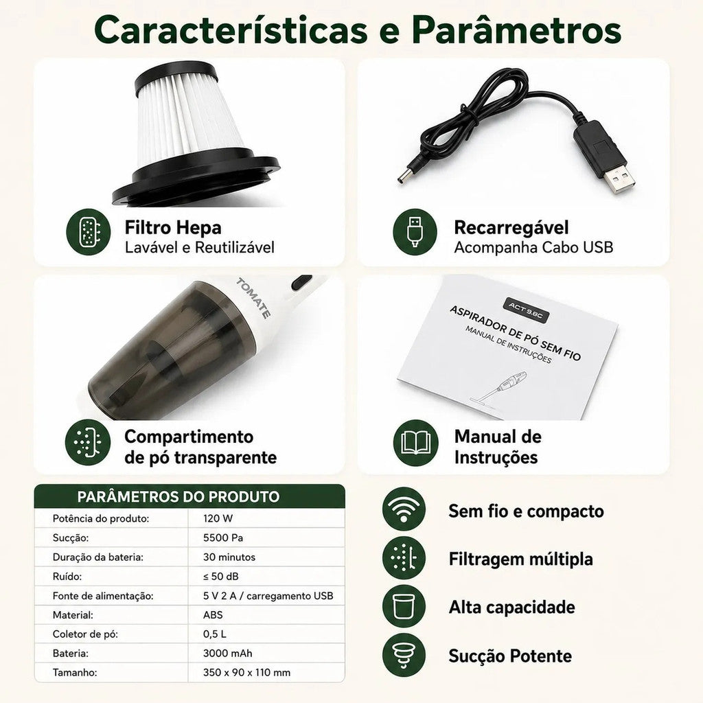 Aspirador De Pó Sem Fio Portátil Recaregável 120w Casa Carro