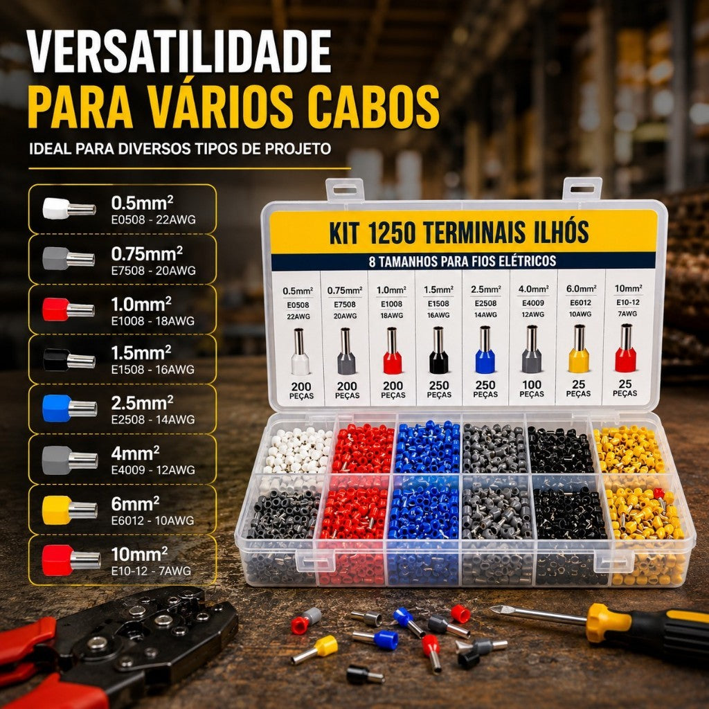 Kit 1250 Terminais Ilhós Tubular Para Fios Elétricos Cobre Com Estojo