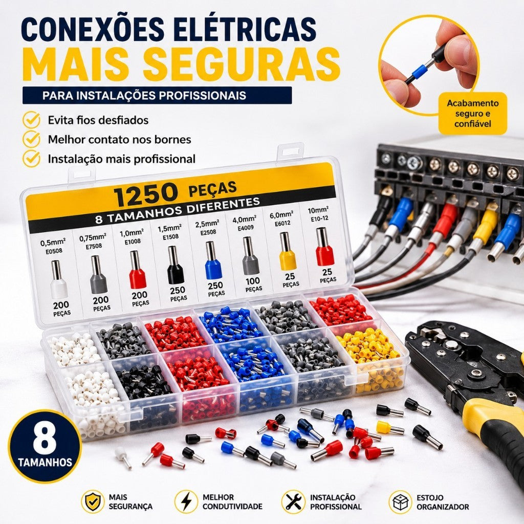 Kit 1250 Terminais Ilhós Tubular Para Fios Elétricos Cobre Com Estojo
