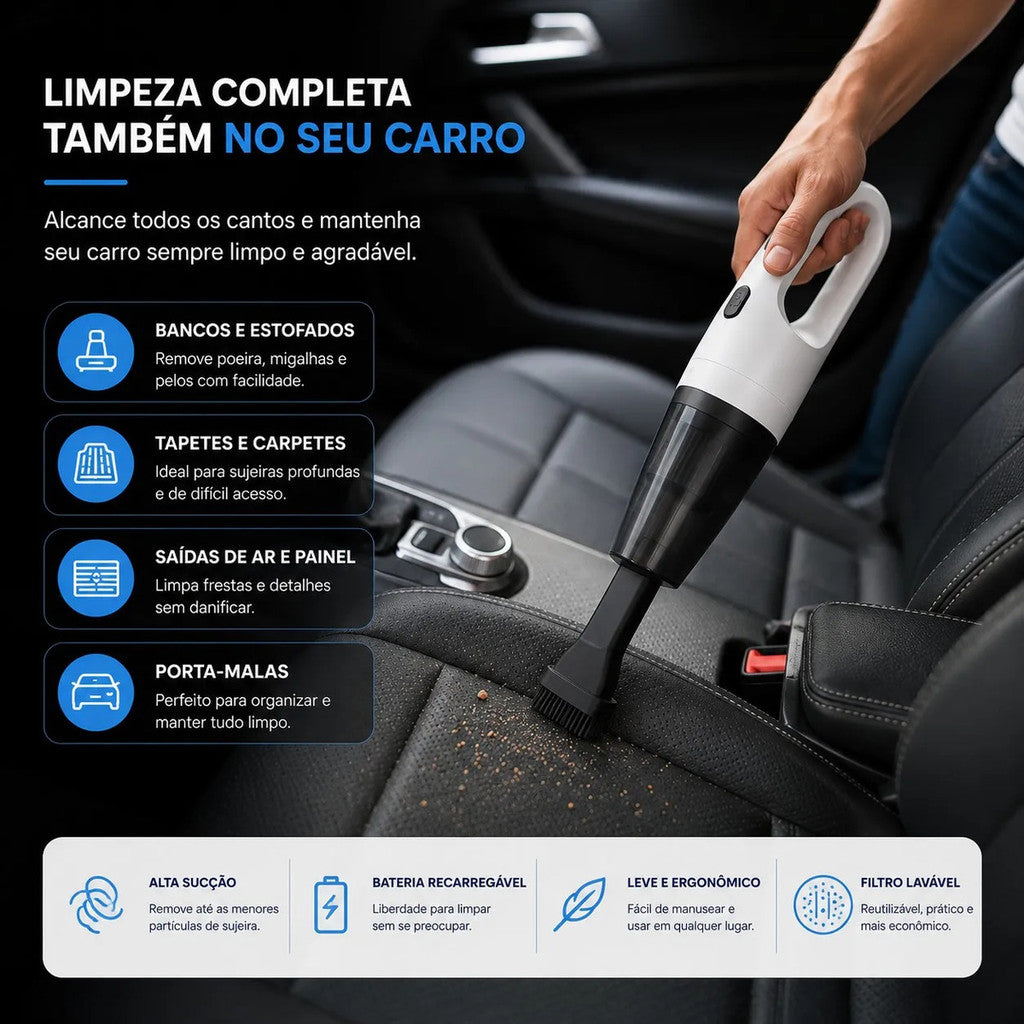 Aspirador De Pó Sem Fio Portátil Recaregável 120w Casa Carro