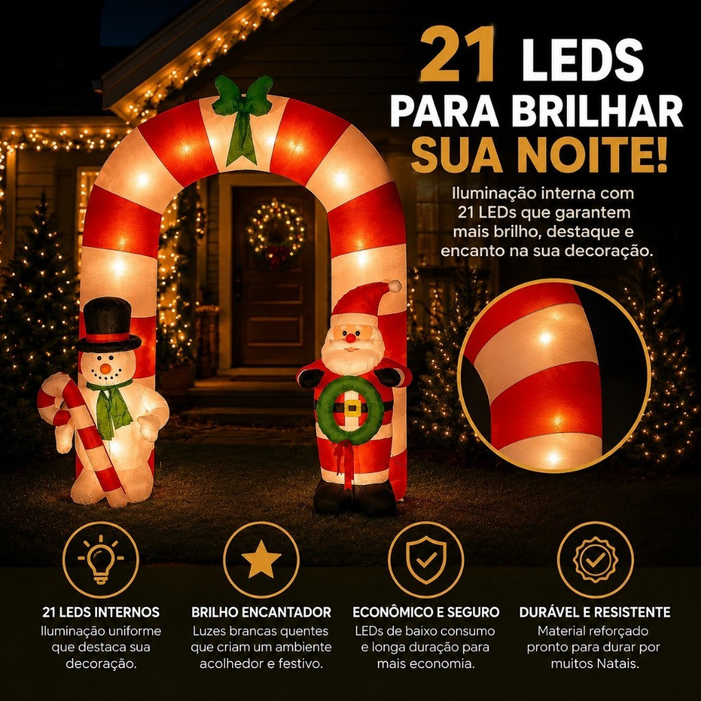 Arco Inflável de Natal 2,50m Papai Noel Boneco de Neve 21 LEDs Decoração Natalina Gigante Premium