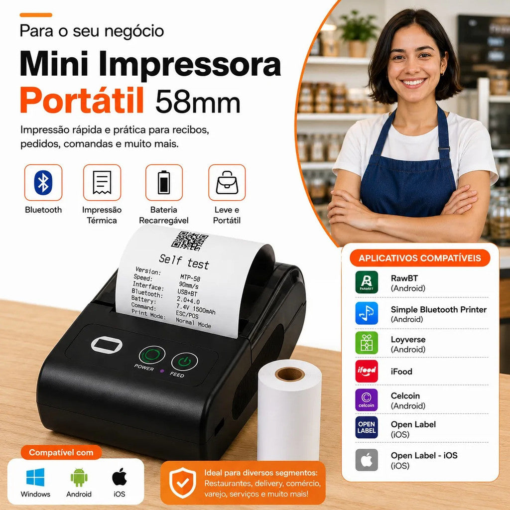 Impressora Portátil Térmica 58mm Bluetooth Recibos Androd Ios Premium